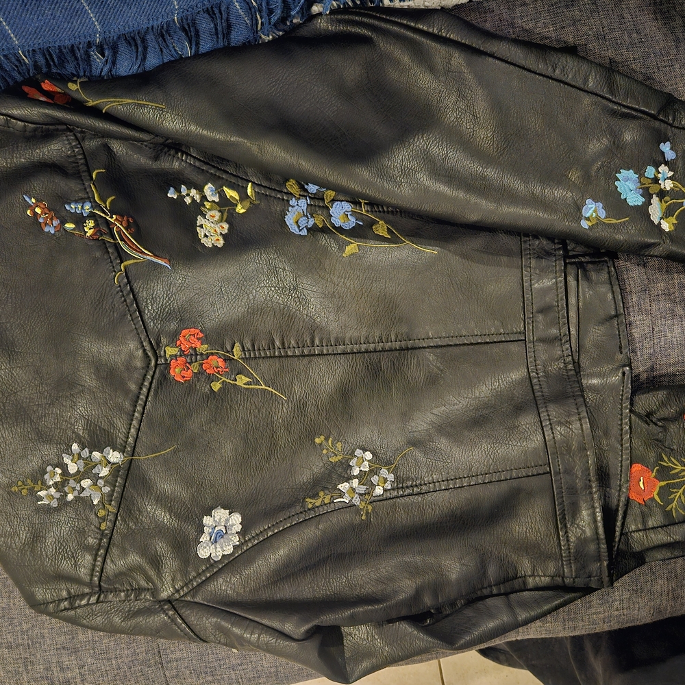 Floral Embroidered Black Leather Jacket